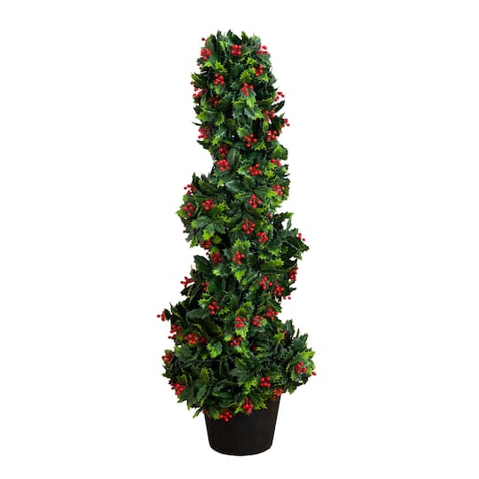 Nearly Natural 3ft. Pre-Lit UV Resistant Artificial Holly Berry Christmas Spiral Tree, Warm White Lights